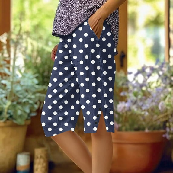 Polka Capris Pants Women Knee Length Side Slit Button Loose Straight Leg Soft Casual Daily Wear Shorts Navy XXL