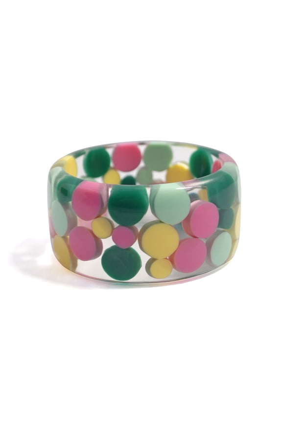 Polka Darling Handcrafted Resin Bangle, Vibrant Polka Dot Design in Clear Lucite, Straight Profile with Bevelled Edges, Satin Finish