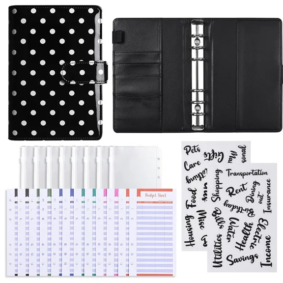 Polka Dot A6 Refillable Binder with Budget Cards & Zipper Pouch, Planner Notebook for Financial Planning, School / Office Memo, Travel Journal, 6-Ring DIY Handbooks,Black