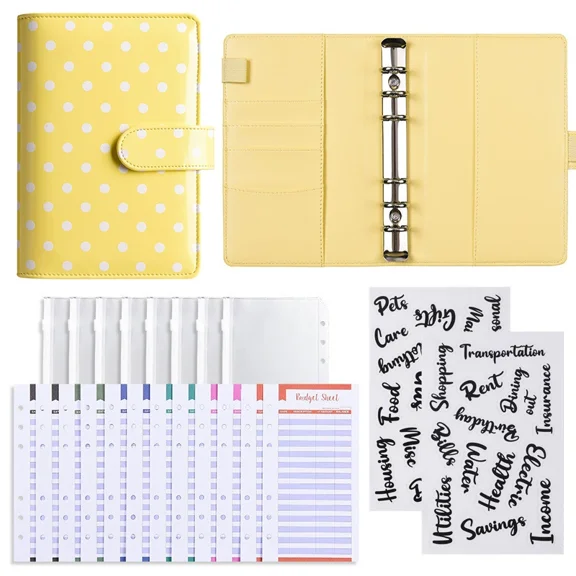 Polka Dot A6 Refillable Binder with Budget Cards & Zipper Pouch, Planner Notebook for Financial Planning, School / Office Memo, Travel Journal, 6-Ring DIY Handbooks,Yellow