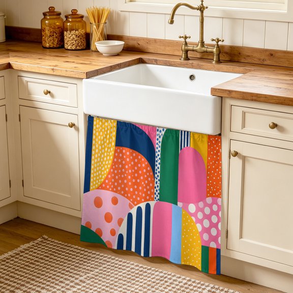 Polka Dot Arches Cabinet Curtains 35 x 35 Inch Abstract Minimalist Pink Red Green Half Circle Under Sink Curtain for Closet Waterproof Self Adhesive Desk Skirt Privacy Drape for Kitchen Bathroom