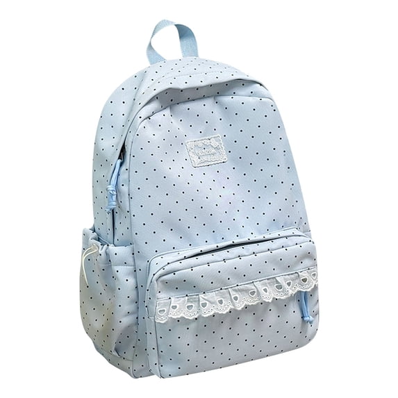 Polka Dot Backpack, 16.93X11.81X5.91" Eyelet Lace Trim Bookbag, Drawstring Front Pocket Daypack, Simple Casual Rucksack, Lightweight Fabric Backpack, Daily Commute Backpack for Travel,Light Blue