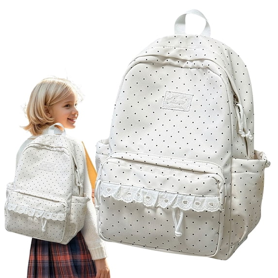Polka Dot Backpack, Kawaii Bookbag with Lace Trim, Large Capacity Casual Daypack for Teenagers, Aesthetic Travel Rucksack for Sc-hool