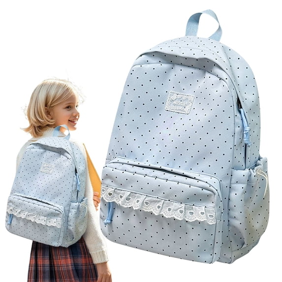 Polka Dot Backpack, Kawaii Bookbag with Lace Trim, Large Capacity Casual Daypack for Teenagers, Aesthetic Travel Rucksack for Sc-hool