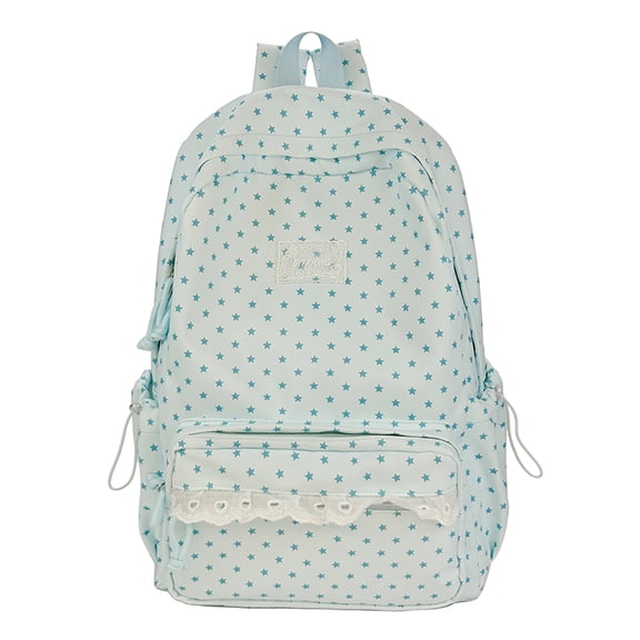 Lace Trim School Backpack, Polka Dot Rucksack with Compartments&Pendant, Water Resistant School Backpack for Travel Shopping Work, Blue