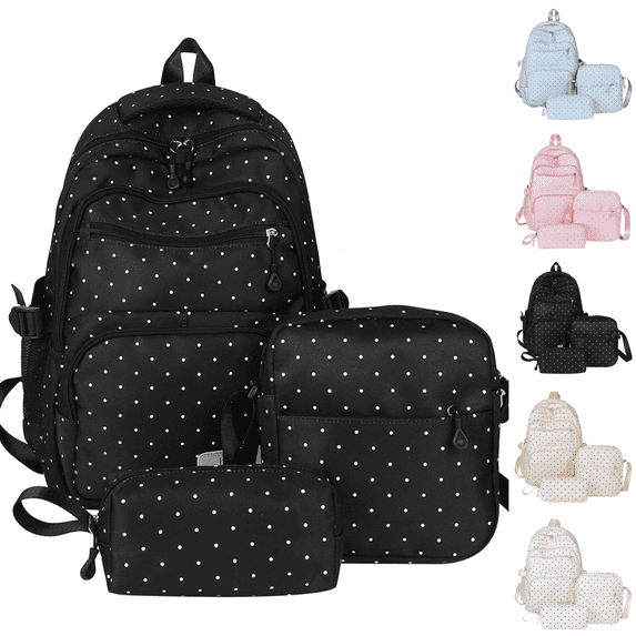Polka Dot Backpack Set 3Pcs Cute Daypack Kawaii Nylon Backpacks for Travel Daily Use