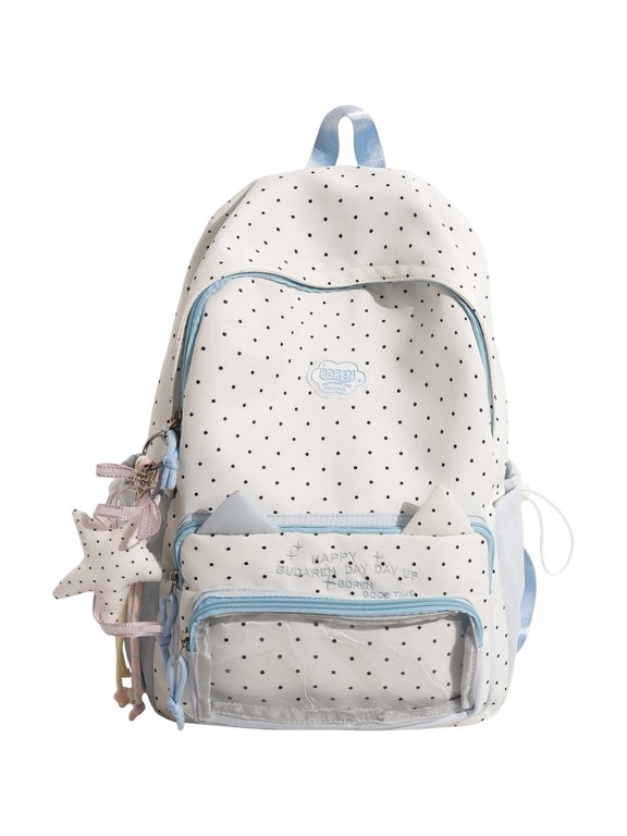 Polka Dot Backpack with Star Charm, 16.53X11.41X5.51" Cat Ear Kawaii Backpack with Clear Window, Cute Casual Daypack, Drawstring Side Pocket Bookbag, Rucksack for Travel Daily Outdoor Walking Use