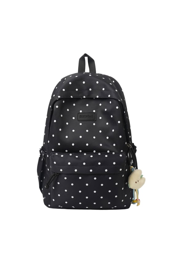 Polka Dot Backpack for Women, 16.93X11.81X5.12 inch Kawaii Backpack with Plush Charm, Cute Casual Daypack, Drawstring Bookbag with Side Pocket, Rucksack for Travel Daily Outdoor Walking Use