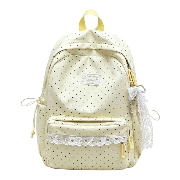 Polka Dot Backpack for Women, 16.93X11.81X5.91 inch Lace Decor Kawaii Backpack, Cute Casual Daypack, Drawstring Side Pocket Bookbag, Bow Charm Rucksack for Travel Daily Outdoor Walking Use