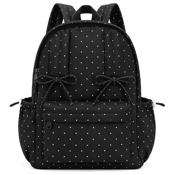 Polka Dot Backpack for Women, Black and White Cute Bow Nylon Backpack, Kawaii Casual Daypack Rucksack with Multiple Pockets, Lightweight Polka Dot Bag for Work, Travel and Daily Use