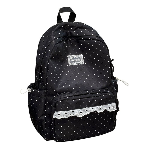 Polka Dot Backpack for Women, Kawaii Nylon Bookbags with Lace Scalloped Trim, Ladies Polka Dot Rucksack Casual Daypack, Large Capacity Daypack with Drawstring Side Pockets,Black