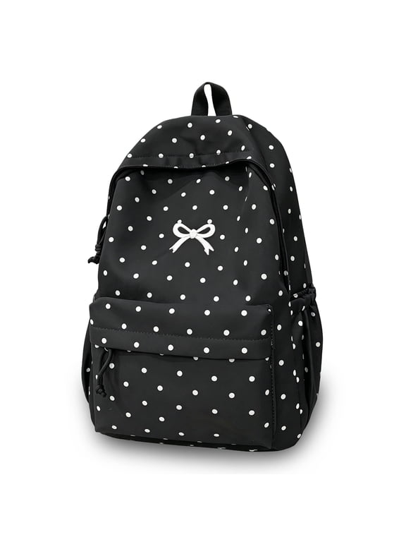 Polka Dot Backpack for Women Cute Bow Embroidery Kawaii Nylon Shoulder Bag – Whimsical Multi-Compartment Bookpack for Travel, School & Casual Daypack