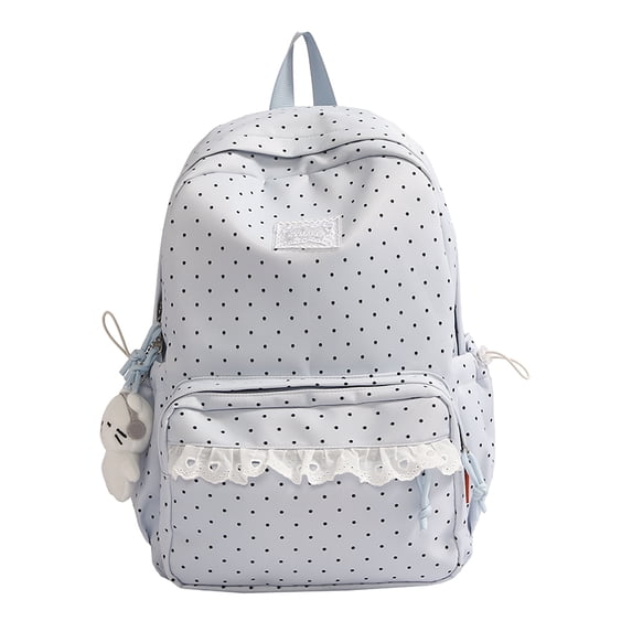 Polka Dot Backpack with Cute Lace Trim, Large Capacity Multi-Pockets Backpack with Pendant for Shopping Outdoor (Blue)