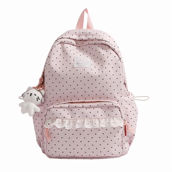 Polka Dot Backpack with Cute Lace Trim, Large Capacity Multi-Pockets Backpack with Pendant for Shopping Outdoor (Pink)