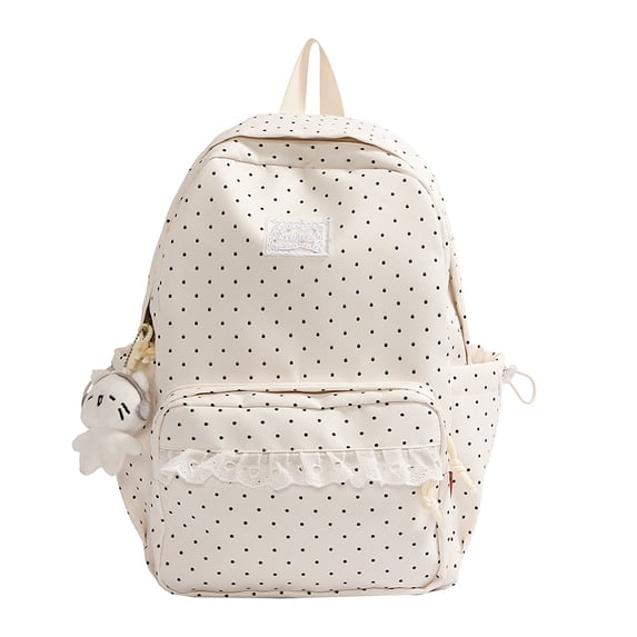 Polka Dot Backpack with Cute Lace Trim, Large Capacity Multi-Pockets Backpack with Pendant for Shopping Outdoor (White)