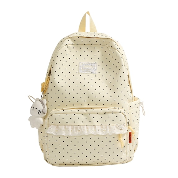 Polka Dot Backpack with Cute Lace Trim, Large Capacity Multi-Pockets Backpack with Pendant for Shopping Outdoor (Yellow)