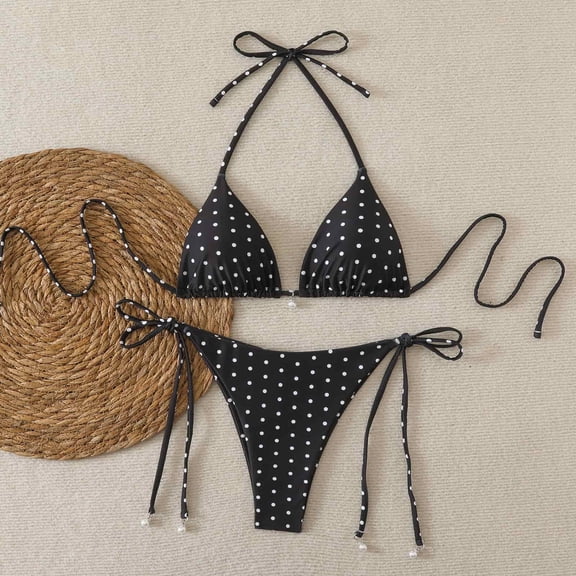 Polka Dot Bikini Set, Triangle Halter Top with Tie Side Bottom, Two Piece Swimsuit Black M