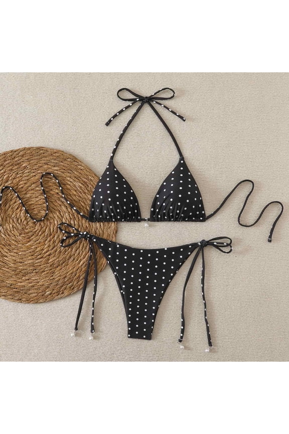 Polka Dot Bikini Set, Triangle Halter Top with Tie Side Bottom, Two Piece Swimsuit Black M