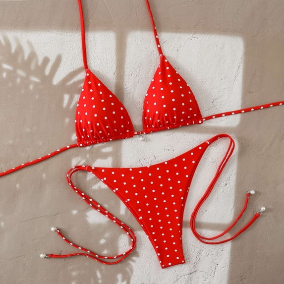 Polka Dot Bikini Set, Triangle Halter Top with Tie Side Bottom, Two Piece Swimsuit Red S