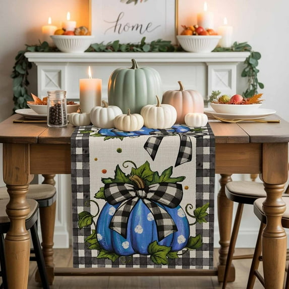 Polka Dot Blue Pumpkin Cotton Linen Table Runner, Washable Table Runners for Kitchen, Dining Room, Holiday, Home Party Table Decor, 13x48 Inches