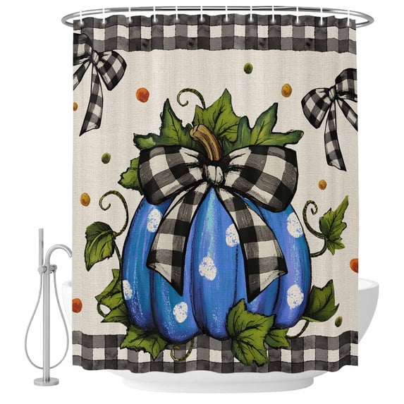 Polka Dot Blue Pumpkins Shower Curtain, Waterproof Shower Curtains for Bathroom, Autumn Leaves Bow Buffalo Plaid Washable Fabric Bathtub Curtain Set Bath Decor with 12 Hooks Standard 72"x72"