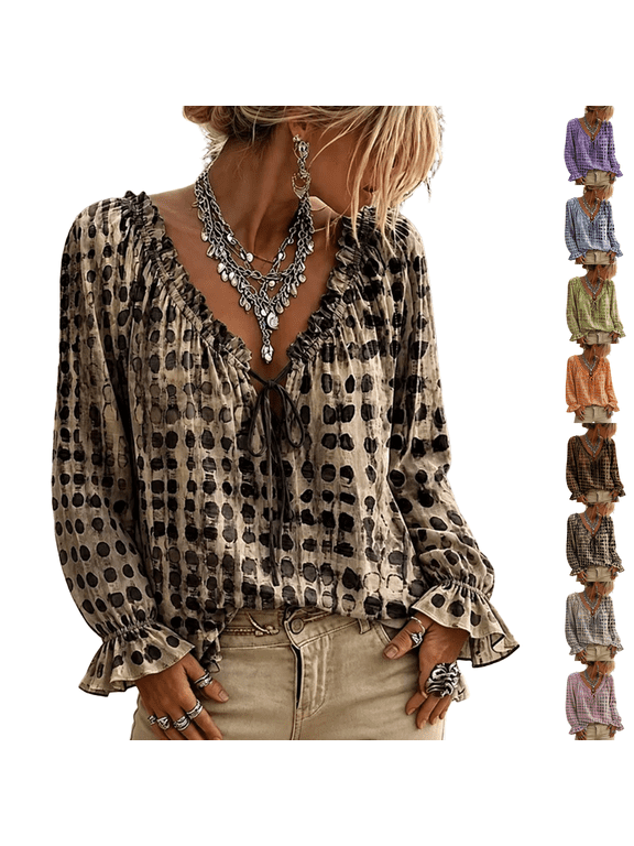 Polka Dot Boho Tops for Women Long Sleeve Summer Flowy Peasant Blouses Cute Ruffle Bohemian Hippie Plus Size Halloween Shirts Black S