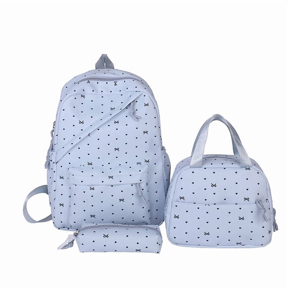Polka Dot Bow Backpack Set, Water Resistant Bookbag with Lunch Box and Pencil Case, Nylon Laptop Backpack for Outdoor College, Blue