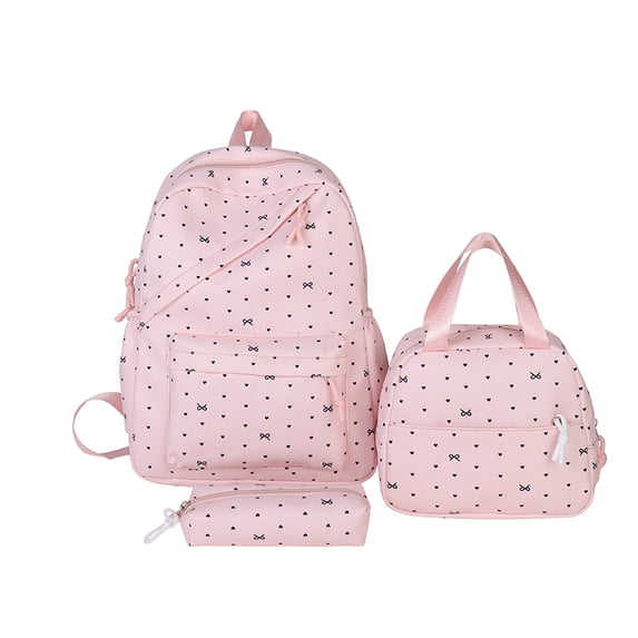 Polka Dot Bow Backpack Set, Water Resistant Bookbag with Lunch Box and Pencil Case, Nylon Laptop Backpack for Outdoor College (Pink)