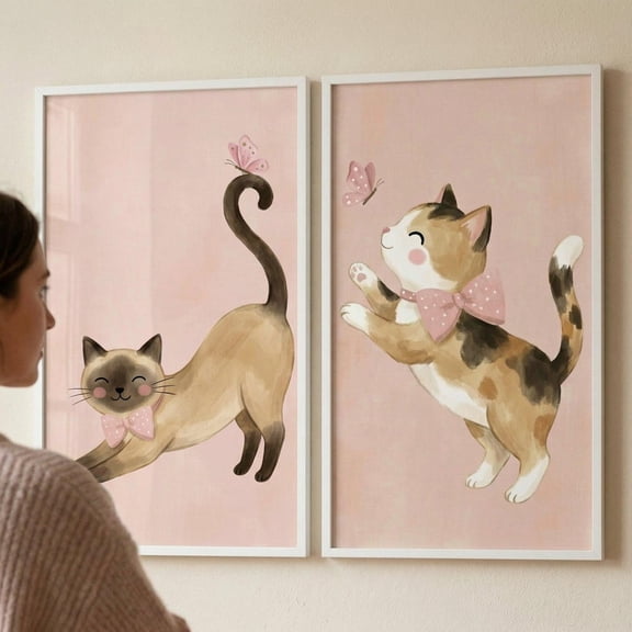 Polka Dot Bow Cat Print Set Of 2 Watercolor Kitten Decor Pink Nursery Wall Art Calico Siamese Cat Art Butterfly Kitten Illustration Set 2