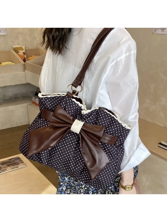 Polka Dot Bow Shoulder Tote Bag, Large Capacity Soft Fabric Handbag with Faux Leather Bow, Casual Daily Shoulder Purse for Women Girls, 2 Color Options for Shoing Travel School Daily Commute