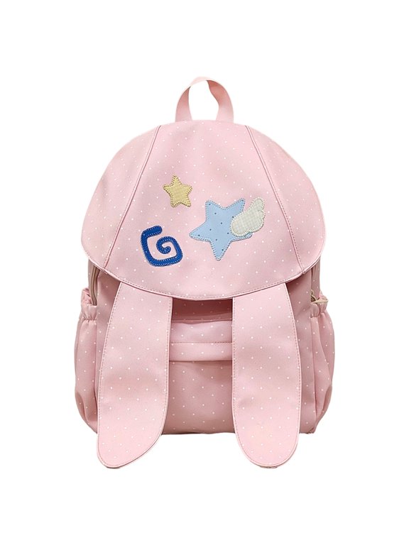 Polka Dot Bunny Ear Nylon Backpack with Charm Pendant, Lightweight Stylish Laptop Rucksack, Casual Daypack for School Travel Daily Use, 16.14" x 11.81" x 5.91" (Pink)