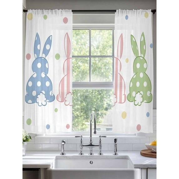 Polka Dot Bunny Sheer Curtains for Living Room Bedroom Farmhouse Stripes Rabbits Sheer Curtains 72 Inch Long 2 Panels Set Light Filtering Curtain Window Treatments Drapes for Dining Room