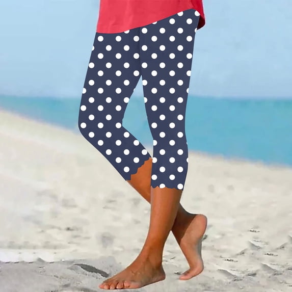 Polka Dot Capri Leggings for Women High Waisted Printed Yoga Pants Soft Stretchy Bottoms Scalloped Hem Casual Summer Holiday Outfits