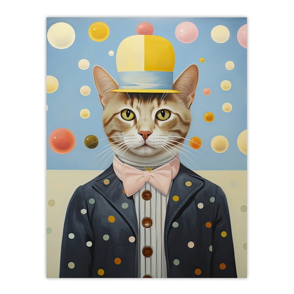 Polka Dot Cat Surreal Oil Painting Quirky Pet Portrait with Hat and Bow Tie Kids Bedroom Artwork Unframed Wall Art Print Poster Home Decor Premium