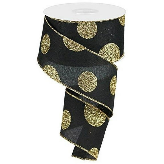 Polka Dot Christmas Ribbon: Black and Gold 2.5" X 10 Yards
