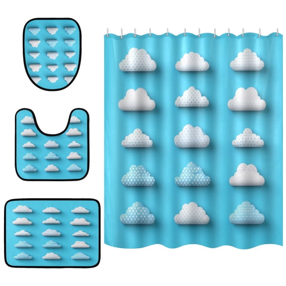 Polka Dot Clouds Bathroom Accessory Curtain Sets Bath Curtain Anti-Slip Mats and Toilet Pad 66x72in