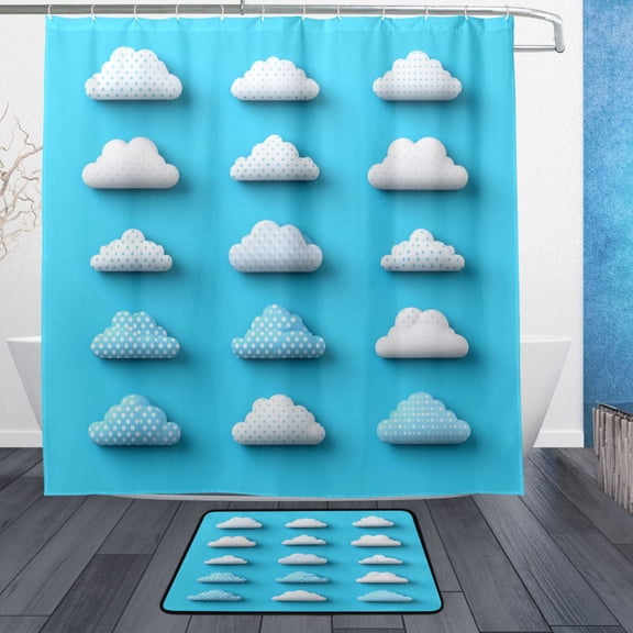 Polka Dot Clouds Bathroom Accessory Sets Waterproof Shower Curtain with Anti-Slip Bath Mat Durable Combo