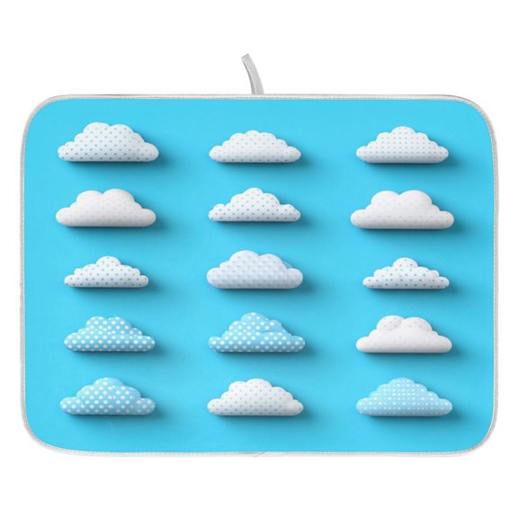 Polka Dot Clouds Dish Drying Mat for Kitchen, Quick Drying Absorbent Soft Durable 16" x 18"