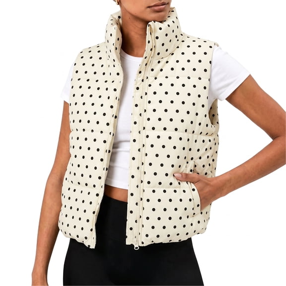 Polka Dot Cropped Puffer Vest Women Winter Lightweight Warm Quilted Padded Gilet with Pockets