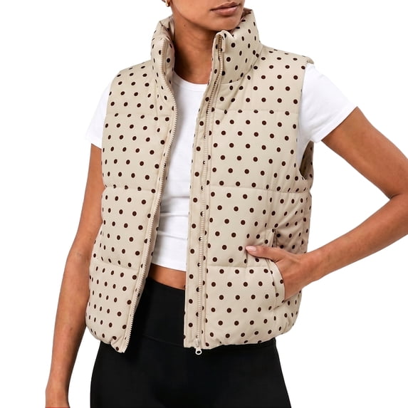 Polka Dot Cropped Puffer Vest Women Winter Lightweight Warm Quilted Padded Gilet with Pockets