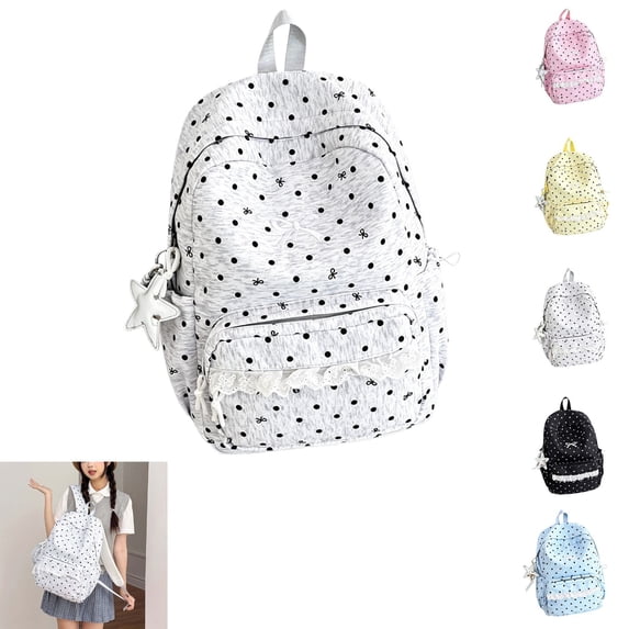 Polka Dot Cute Backpack Large Capacity Kawaii School Backpack Laptop Daypack Aesthetic Canvas Travel Bag with Lace Bow Plush Charm,Gray