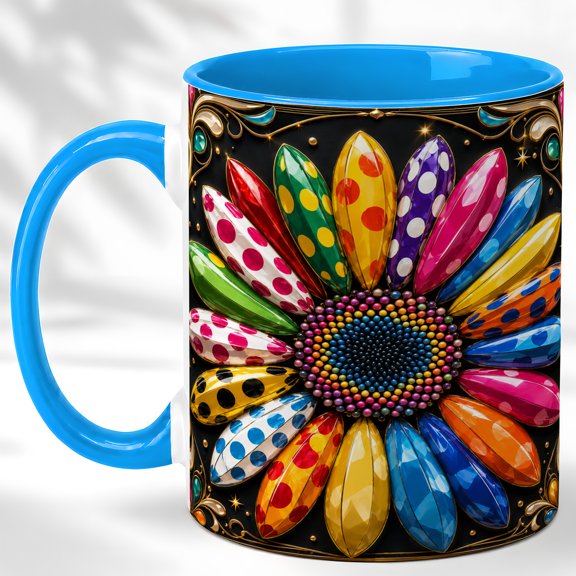 Polka Dot Daisy Coffee Mug, Rainbow Flower Mug, Ceramic 11 oz