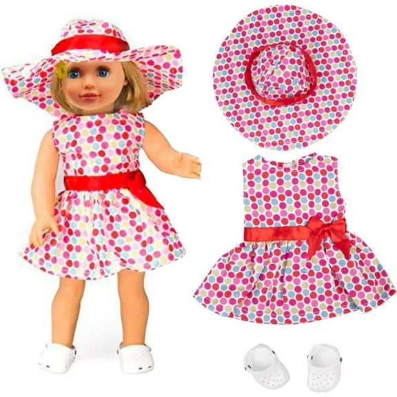 Polka Dot Dress Doll Outfit 3pc Compatible with 18" American Girl Dolls - Sun Dress, Hat & Clog Sandals - Handmade Gift Set for Kids & Girls