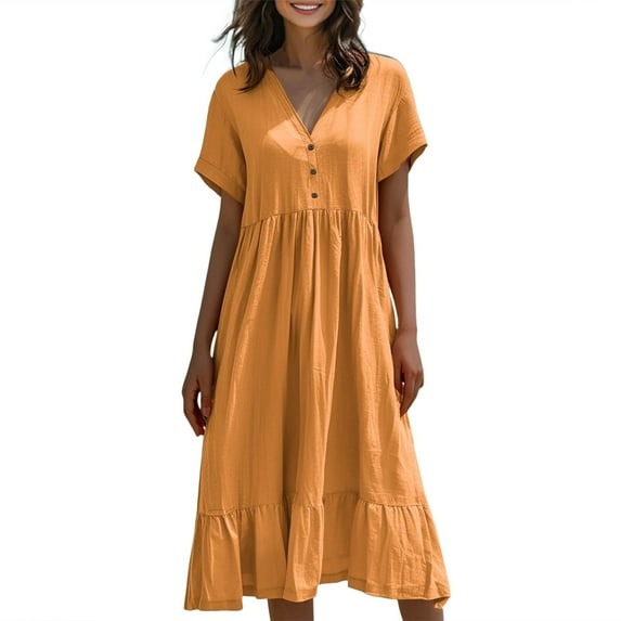 Polka Dot Dress For Women, Casual Beach Dresses Short Sleeve Cotton Linen Button Pleat Flowy Long Dress Pink Maxi Women'S Cocktail Dresses Green Women 2025 Dresses Outfits (3XL, Saffron) ZMTing