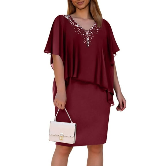 Polka Dot Dress For Women, Chiffon Plus Size Summer Solid Color V Neck Mid Sleeve Casual Dress Junior Bridesmaid Womens Dresses Casual Teacher 2024 Red Dresses Maxi Dresses (XL, Wine) ZMTing