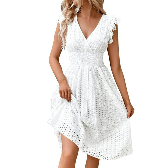 Eyelet Polka Dot Dress For Women,Eyelet Easter Dress Embroidery Lace V Neck Flutter Sleeve Boho Tunic Beach Wedding Guest Dresses Women New Years Eve Work Dresses Tennis (XL, White) ZMTing