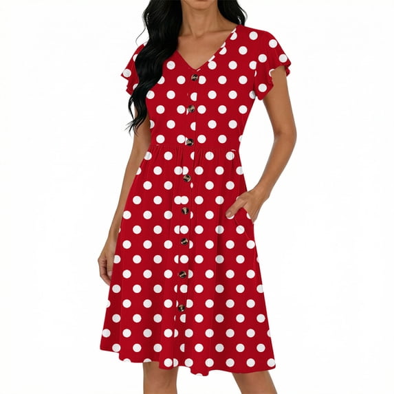 Polka Dot Dress for Women Ruffle Sleeves V Neck Casual Summer Slim Fit Pleated Dress with Button Red