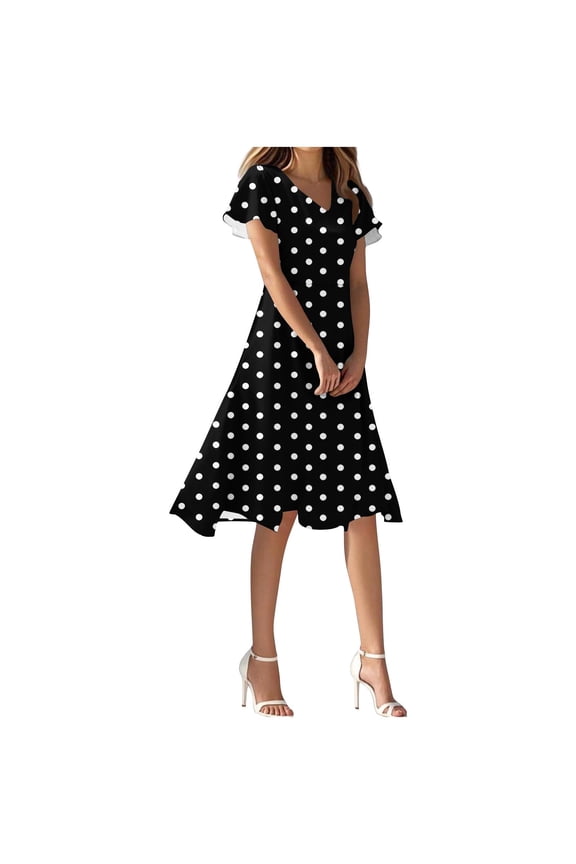 Polka Dot Dresses for Women 2025 Summer Short Sleeve Midi Dress Casual Loose A Line Beach Vacation Sun Dresses