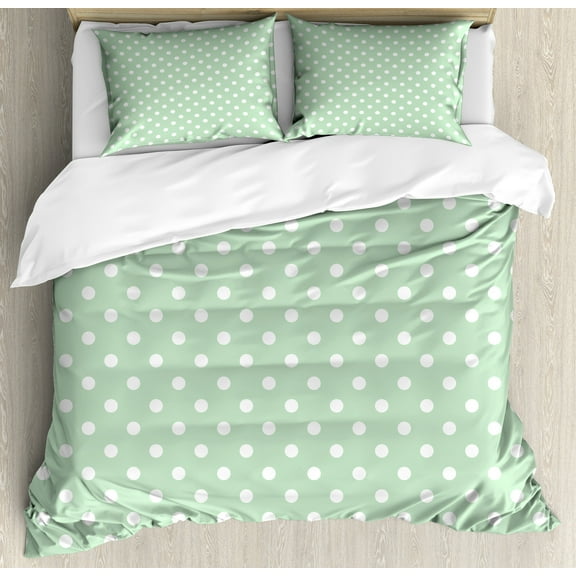 Polka Dot Duvet Cover Set, Classic Old Fashioned Repeated Circles Round Forms Retro Illustration, Decorative 3 Piece Bedding Set with 2 Pillow Shams, Calking Size, Mint Green and White, by Ambesonne
