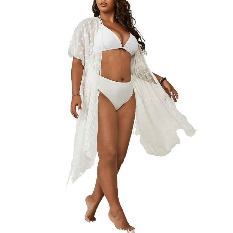 Polka Dot Elbow Length White Plus Size Kimonos Women s Plus